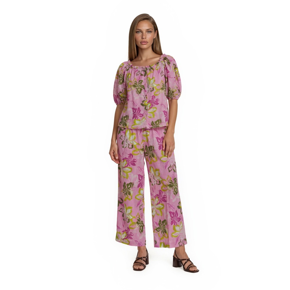 Boston Proper‎ 2 Piece Set Women's Size Medium Pink Floral Puff Sleeve